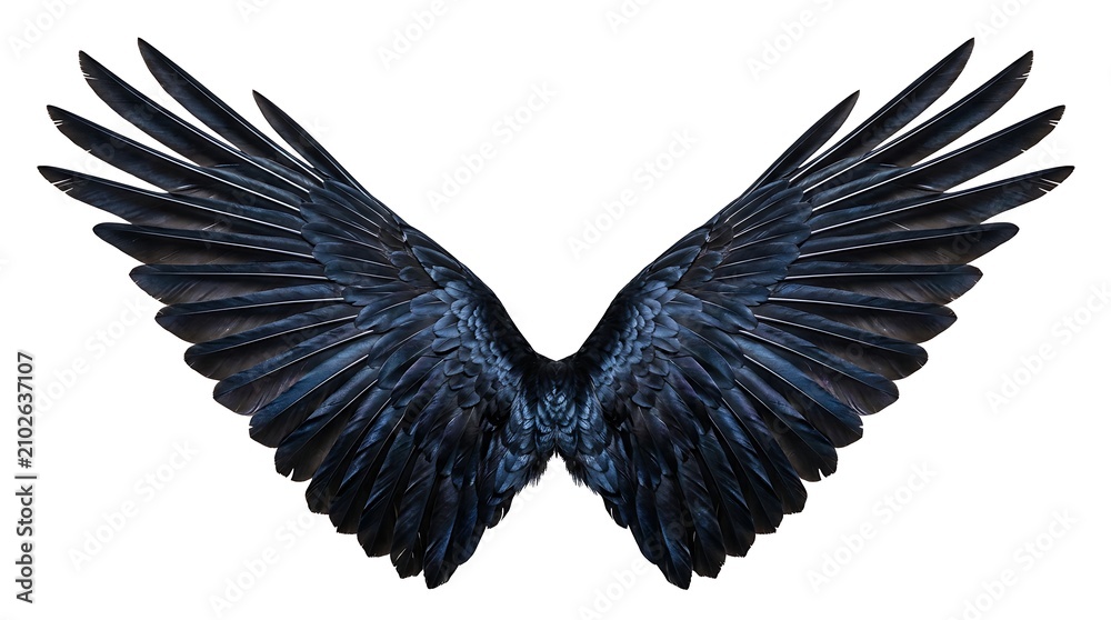 Fototapeta premium Majestic black raven wings spread wide isolated on white background