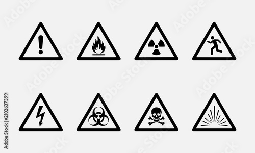 Warning triangular caution shapes signs with various danger symbols hazard, flammable, radiation, slipping, electrical, biohazard, toxic, explosion