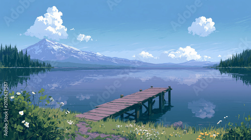 serene lake with distant snow capped mountains and green forest reflection in calm water peaceful nature landscape with wooden pier and blooming wildflowers.