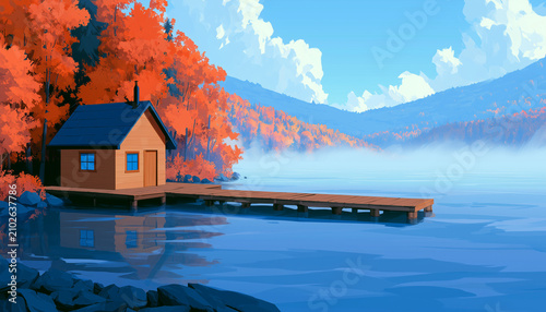 Charming wooden cabin beside calm misty lake with vibrant autumn forest scenery and wooden dock artistic landscape illustration.