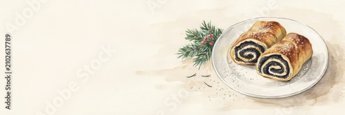 A national dish of Hungarian cuisine. 
Sliced Christmas poppy roll Mákos bejgli. Banner with space for text.
