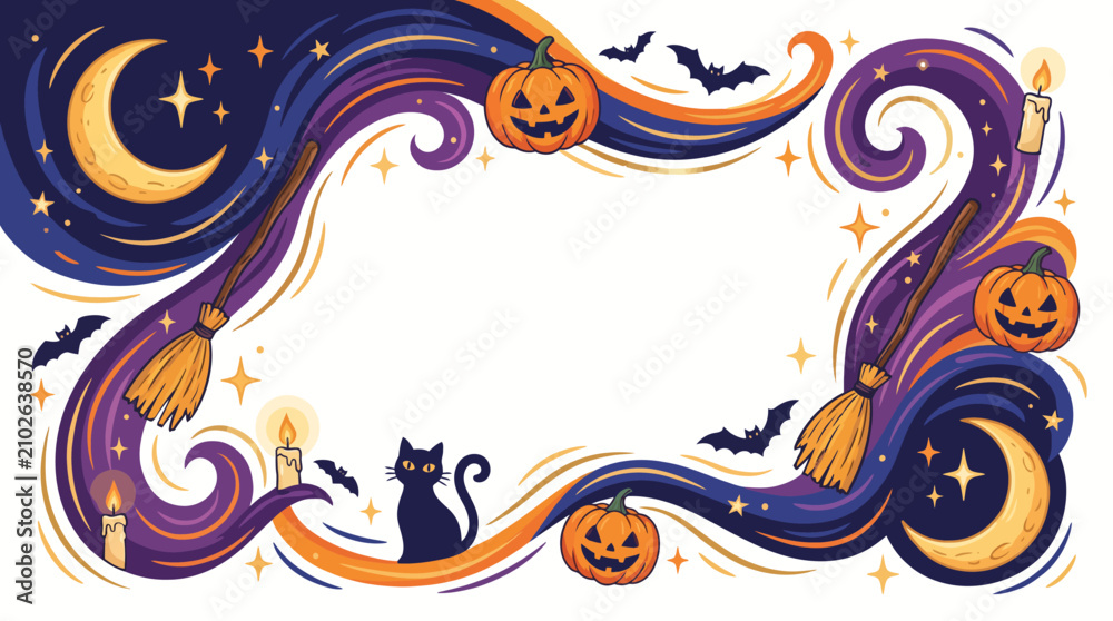 Fototapeta premium Moonlight Halloween Frame with Bats, Black Cats and Pumpkins Flat Vector Border Design