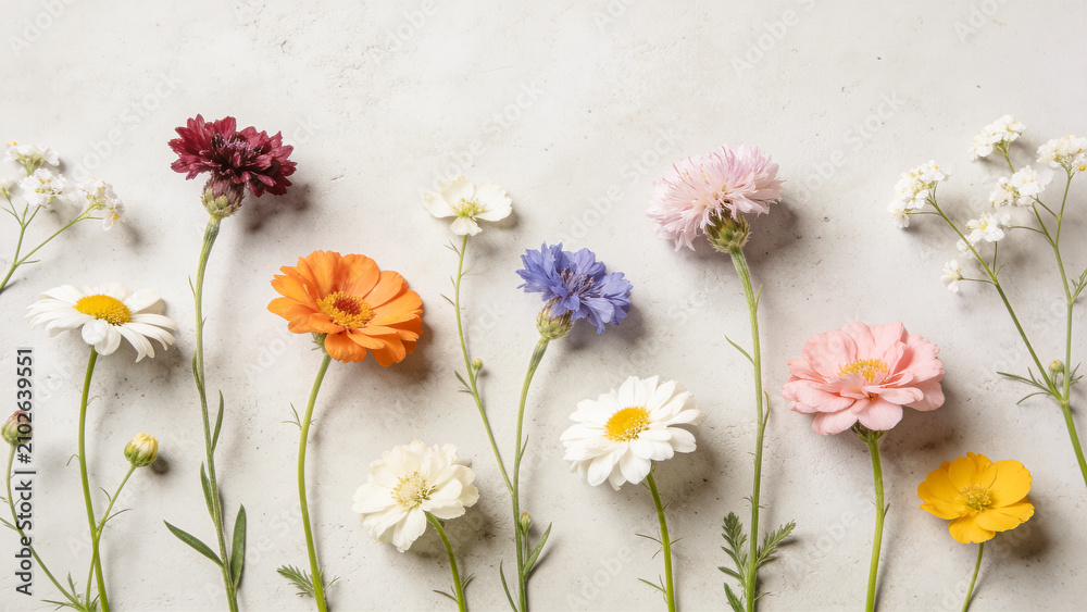 Fototapeta premium Flowers in sunshine on concrete background. Meadow poppies, clover, cornflower blooming. Aesthetic, minimal, stylish, still life, blossom bouquet composition. Pastel colors. Selective focus, blur