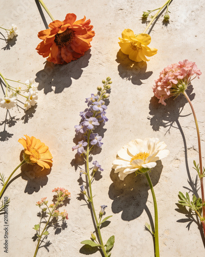 Flowers in sunshine on concrete background. Meadow poppies, clover, cornflower blooming. Aesthetic, minimal, stylish, still life, blossom bouquet composition. Warm, pastel colors. Vertical, blur