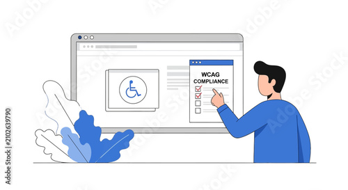 Web Accessibility Audit Illustration: Man Checking WCAG Compliance on Website Interface for Inclusive Digital Design