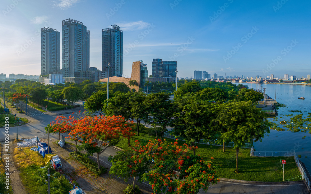 Fototapeta premium Sunrise on Saigon riverside, Ho Chi Minh city Vietnam. Photo taken on 2023 