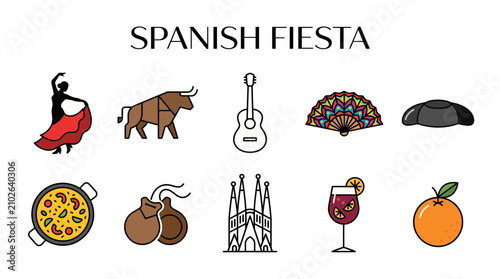 Spanish fiesta celebration icons set with flamenco dancer and bull. Vibrant cultural vector symbols for party, travel, and event design.