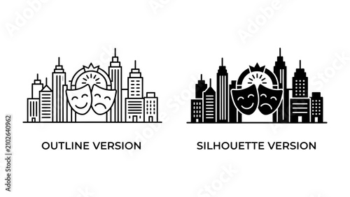 Quadro su tela City Skyline with Theatrical Masks: A stylized representation of a city skyline featuring modern buildings and a Ferris wheel, juxtaposed with theatrical masks symbolizing joy and sorrow