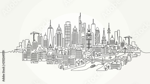Photos A black and white line drawing of a bustling city skyline with tall buildings
