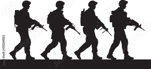 Silhouettes of four soldiers walking in a line, carrying rifles and backpacks, representing military patrol, tactical operations, and infantry movement