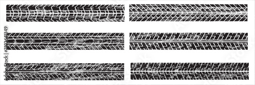 Tire prints, grunge offroad car tyres track, isolated vector marks. Bike race, vehicle, transportation dirty wheels trace. Rubber tires , automobile or bicycle drag. Monochrome graphic prints set