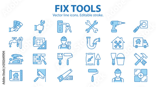 Set of blue repair and construction tools icons for maintenance and renovation services