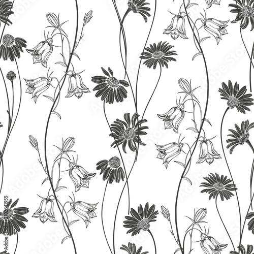 Daisies and bellflowers. Abstract floral seamless pattern. Black and white vector illustration. Perfect for design templates, wallpaper, wrapping, fabric, print and textile.