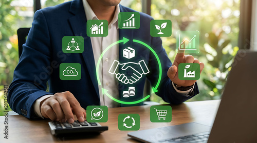 Businessman working on green sustainable business economy and ESG concept