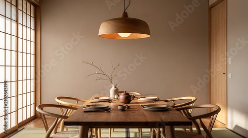 Serene Japanese Dining Room with Wooden Table and Chairs.