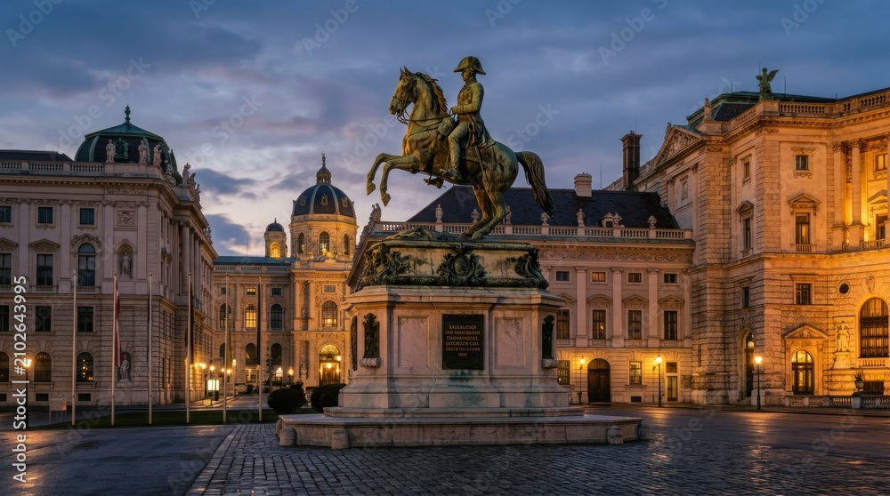 Fototapeta premium Equestrian Statue of Archduke Charles in Heldenplatz Vienna at Dusk.