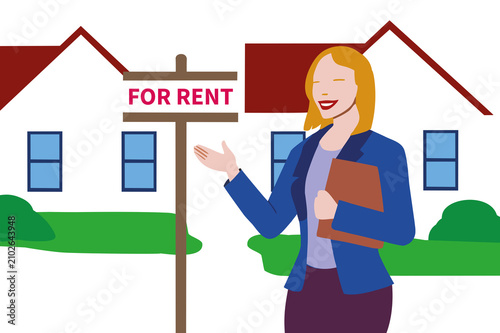 Real estate agent promotes rental property in residential area with for rent sign