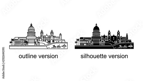 Fotografía Cityscape Illustration: Two contrasting stylized representations of a city skyline, one an outline and the other a silhouette, showcase architectural diversity