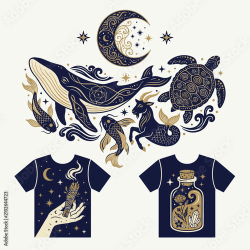 Celestial marine animals are shown with mystical t-shirt designs