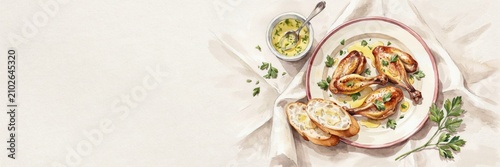 A national dish of French cuisine. 
Frog legs in a garlic-and-cream sauce (traditionally called Cuisses de grenouille), served with a baguette. A banner with space for text.