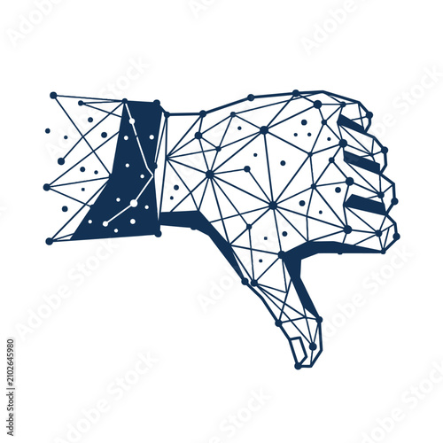A digital wireframe hand showing a thumbs down gesture