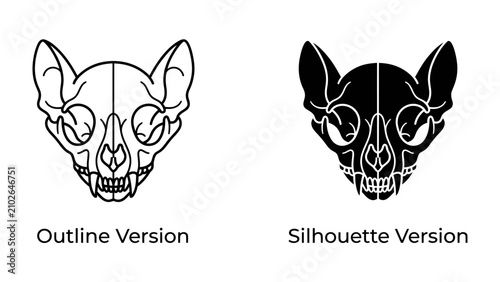 Foto Cat Skull Outline and Silhouette: A detailed comparison showing both the outline and silhouette versions of a cat skull, illustrating the bony structure with sharp teeth and eye sockets