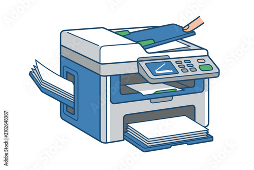 Digital printer and scanner producing documents with a hand on the control panel
