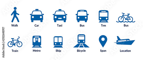 Collection of transportation icons including walk car taxi bus train metro ship bicycle location and airplane on white background.