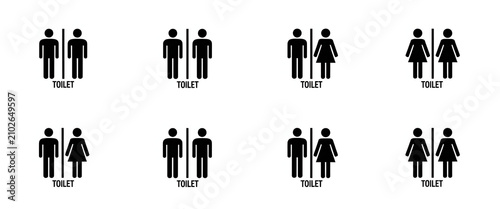 Eight different toilet sign icons for men and women indicating gender specific restroom access and facilities.