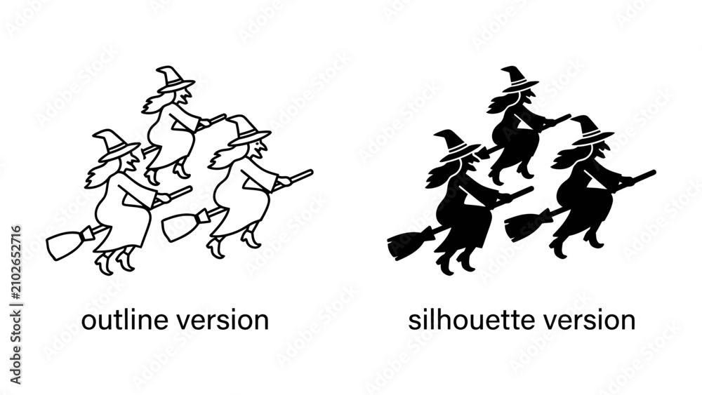 Fototapeta premium Witches on Brooms: A set of stylized illustrations depicting witches riding on broomsticks, presented in both outline and silhouette versions, perfect for Halloween themes and graphic design projects.