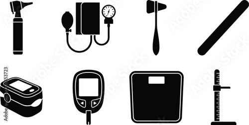 Foto Medical diagnostic equipment and healthcare tools black silhouette vector icon s
