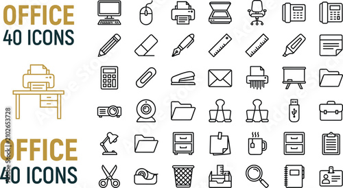 Konstfotografi Comprehensive office supplies and business workspace line icon set featuring sta