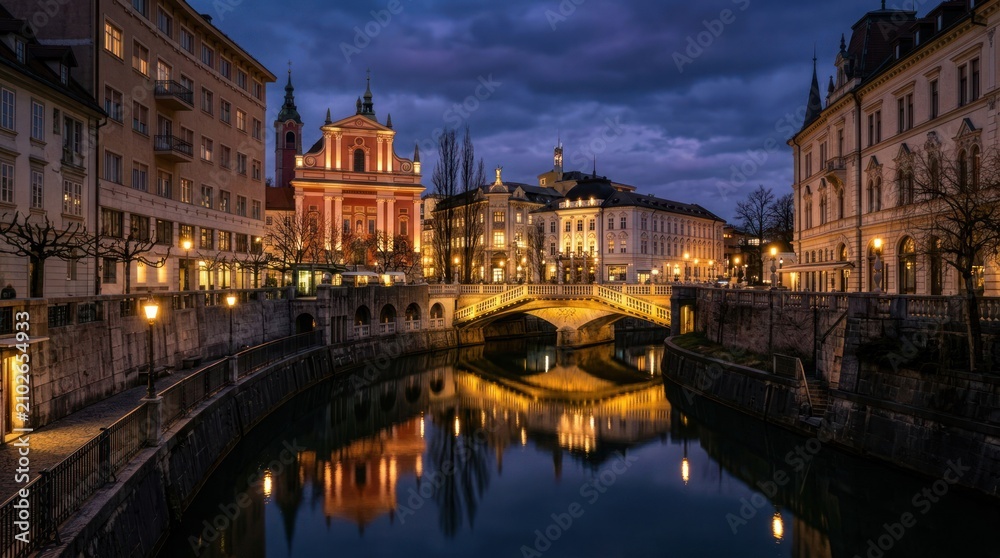 Fototapeta premium Ljubljanas Triple Bridge Illuminated at Dusk Reflecting on the Ljubljanica River.