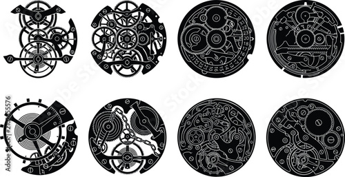Slika na platnu Set of detailed clockwork watch mechanism silhouettes for engineering design and