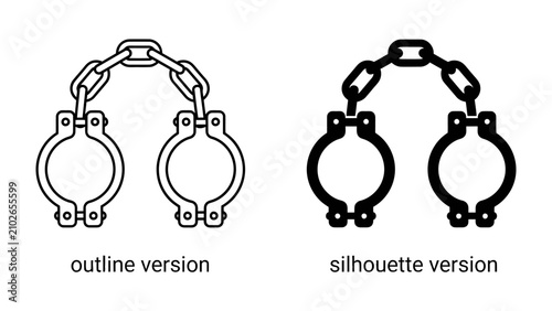 Bild auf Leinwand Cuffs and Chains Icon Set: A graphic representation featuring two styles of handcuffs connected by a chain, one as an outline and the other as a silhouette, symbolizing restraint or connection