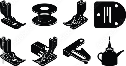 Konstfotografi Sewing Machine Parts Icons Set with Presser Feet Spool and Needle Plate Black Si
