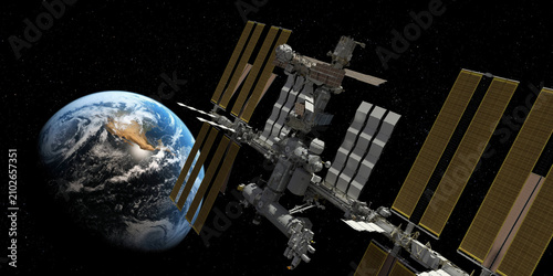 Orbital Space Station with Earth in Background 3D Render
