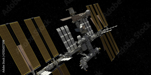 Close View of Orbital Space Station in Outer Space 3D Render