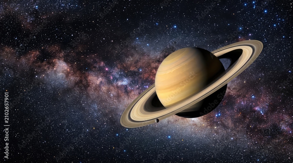 Naklejka premium Saturn with Rings in the Milky Way: A stunning depiction of the majestic planet Saturn, its iconic rings encircling the gas giant.