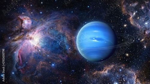 Neptune in Cosmic Nebula: A breathtaking depiction of the blue gas giant planet Neptune, adorned with its faint rings, floating serenely within a vibrant and colorful cosmic nebula.