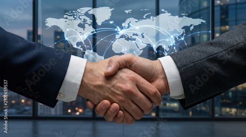 Business handshake with global network map representing international partnership, global trade, worldwide business, investment and corporate collaboration