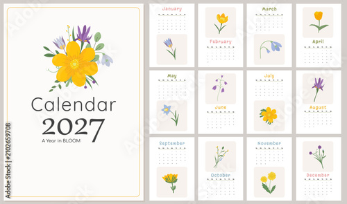 Minimalist floral wall calendar for 2027 with hand drawn botanical flowers, monthly calendar pages and elegant cover design. Printable annual planner template in soft pastel colors, modern flat vector
