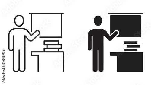 Presenter teaching and explaining at whiteboard with stack of books, presenter