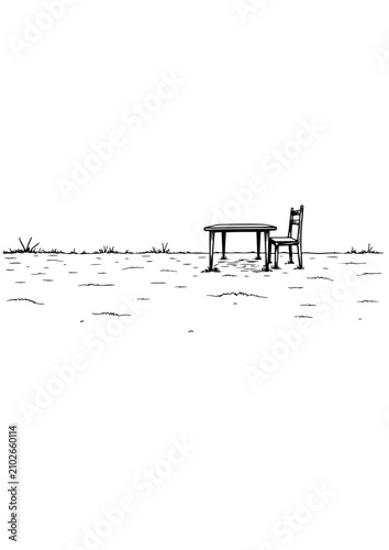 Lonely table and chair in a vast empty space