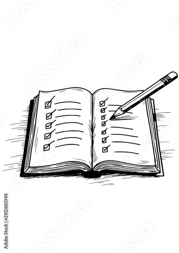 Open notebook with checklist and pencil, sketch style, minimalist design