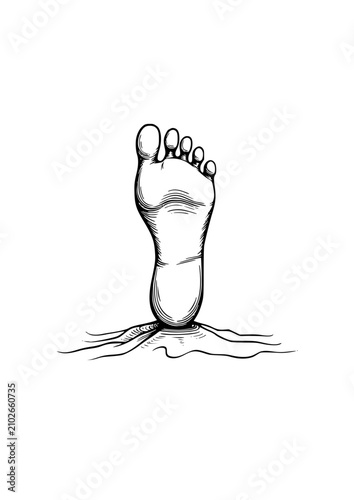 Human footprint in sand, minimalistic style, black and white, natural imprint
