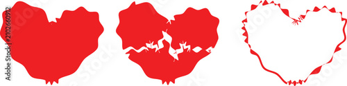 Foto Heart icons appear in a distressed red texture, providing a solid block, a broken symbol with an electric pulse, and a weathered outline style for rustic or grunge inspired digital design projects