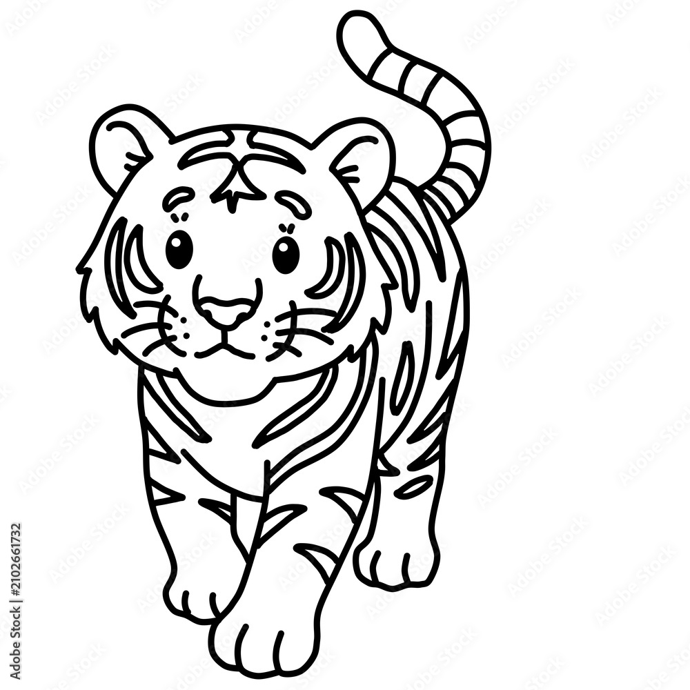 Obraz premium Cute tiger walking forward line art coloring page vector