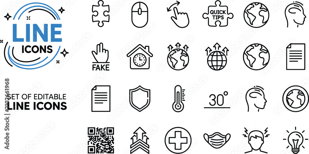 Fototapeta premium Multi purpose editable business education and global medical support internet interface line icon pack isolated on white background