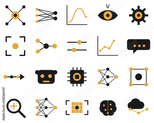 Foto Neural Network and Deep Learning Icon Set, 20 Vector Icons, AI Machine Learning